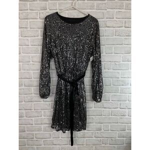 New Boutique Sparkle Black Silver Mini Dress
with Velvet Tie Belt Women's Size S